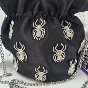Most Wanted Spider Rhinestone Black Satin Bag NWT Chain Witchy Goth Emo Steampun
